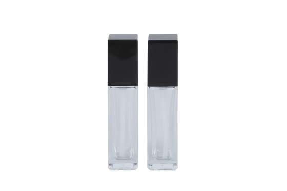 Empty Clear Square 30ml Foundation Sample Bottles Glass Emulsion With Black Pump Head